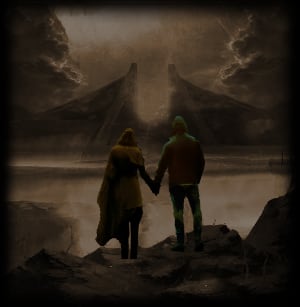 A couple holding hands on a cliff looking towards a mordor like mountain with raging fire in the far distance.