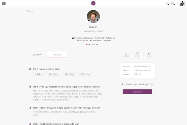 Startup Connect Profile Page Design