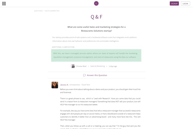 Startup Connect Questions & Feedback Page Design